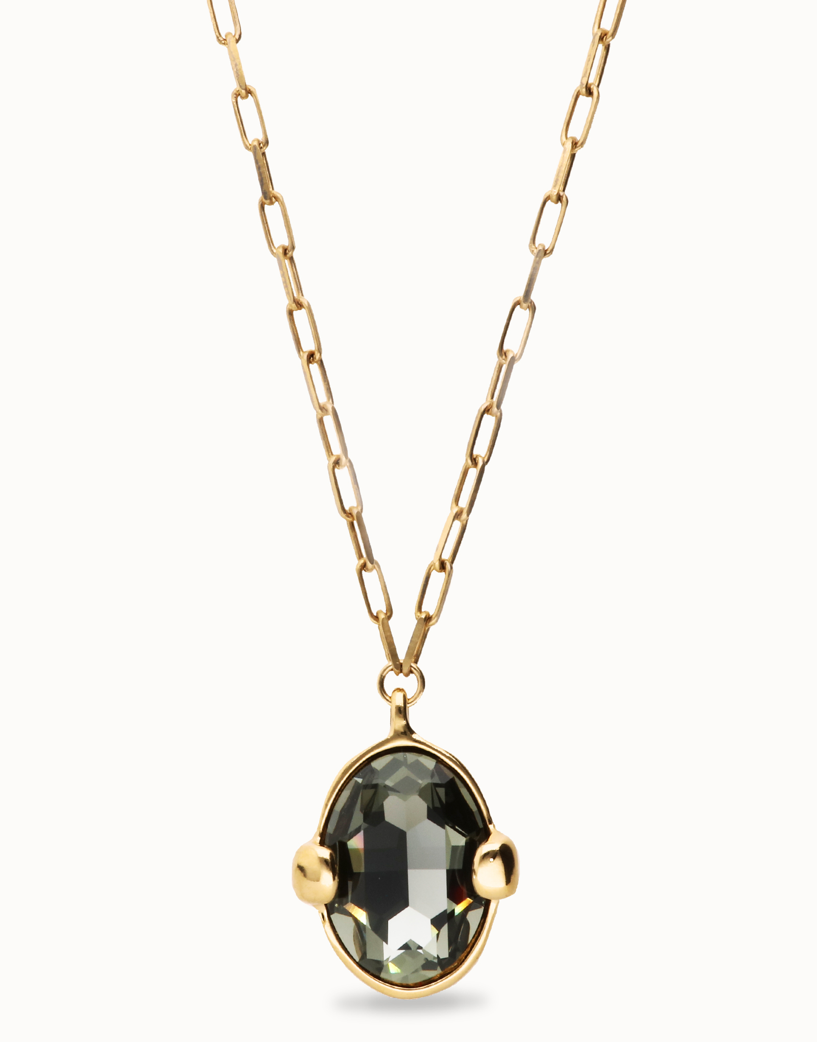 Long necklace with gray oval faceted crystal, Golden, large thumbnail